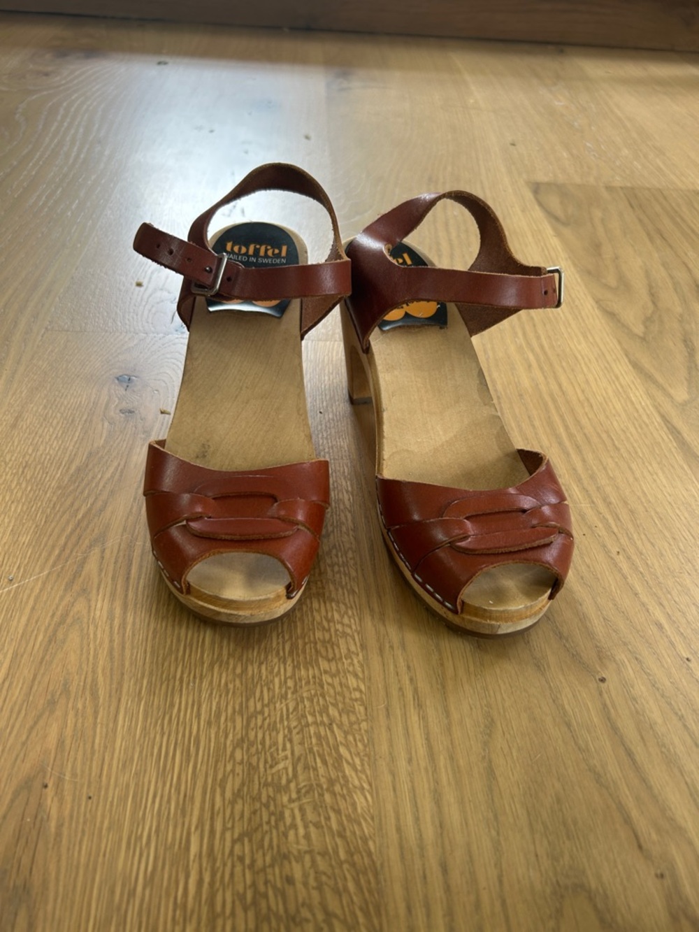 Swedish Hasbeens sky high toffee peep toe clogs